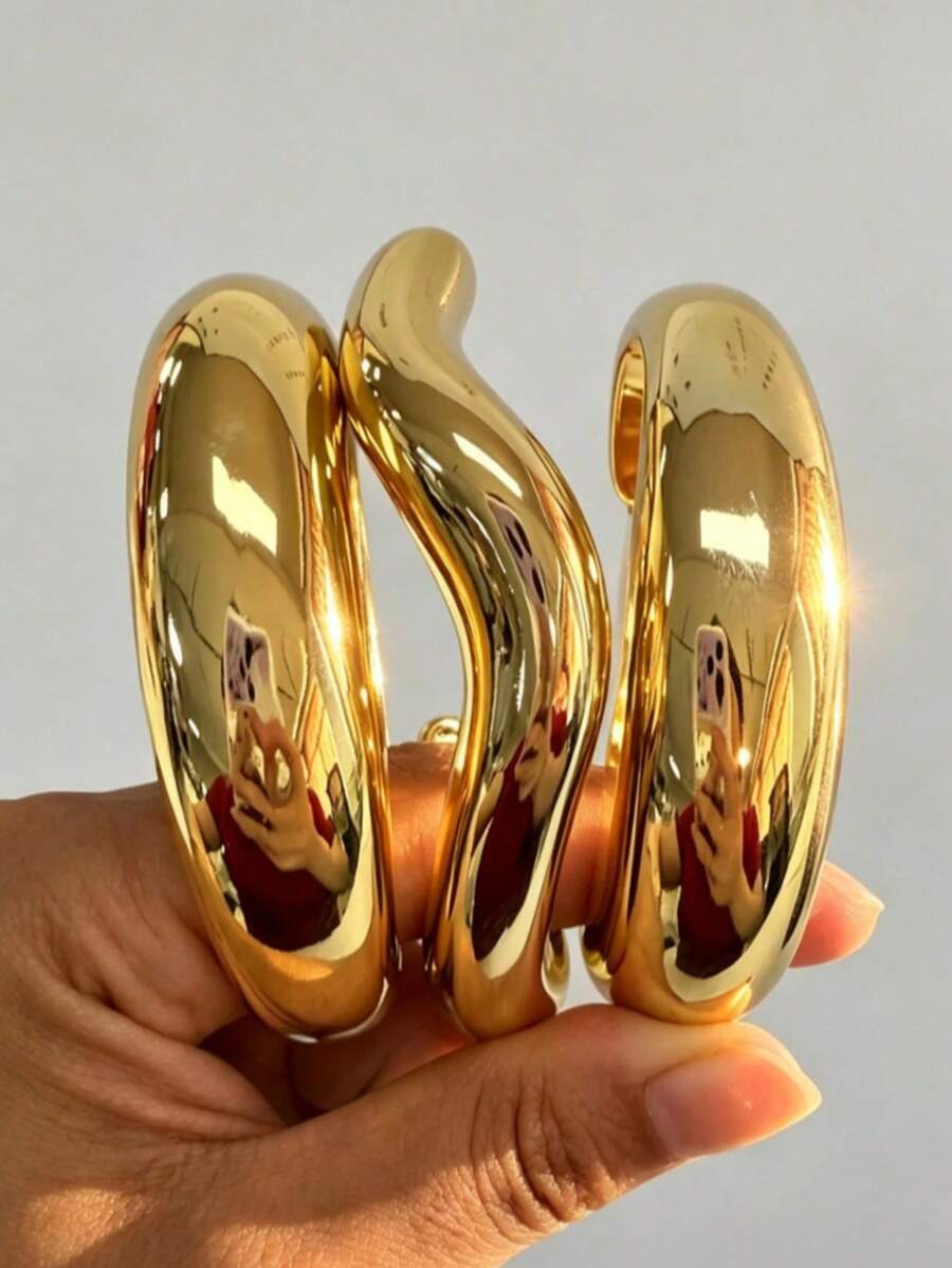 3/1pc Set Vintage Minimalist Casual Style Gold Arc Wave Open Bangle Bracelet, Suitable For Women Daily Wear, Vacation, Party, Gift - Gold - View 1