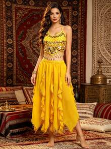2pcs Belly Dance Performance Costume, Dance Performance Outfit, Top + Belly Band, Chili Pepper Theme Stage Performance Costume, Practice Set, Ruffle Long Skirt, Soft Comfortable Lightweight Chiffon Fabric - Multicolor - View 14