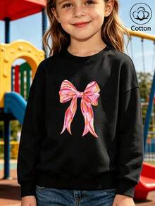 Girls Bow Print Crew Neck Casual Sweatshirt, Long Sleeve Loose Fit Kids Pullover For Fall & Spring - Black - View 9
