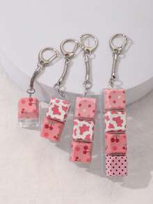 4/3/2/1 Key Sweet Pink Cherry Cow Polka Dot Pattern Cube Keychain, Lightweight & Durable, Decorative Spring Clip, Bag Charm, Key Ring, Suitable For Men & Women, Backpack Decoration, Wallet Pendant, Car Key, Handbag Accessory, Daily Commute, Holiday Gift, Party Favor, Christmas Valentine's Day Birthday Wedding Gift - Multicolor - View 2