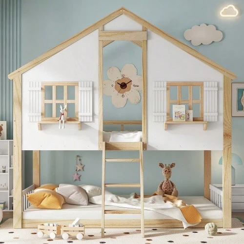 Bunk Bed, Children's Bed, Beautiful Windows And Roof, Stable Slatted Bases, Side Safety Rails, Pine + MDF + Plywood, White + Natural, 90x200cm - White+Natural - View 1