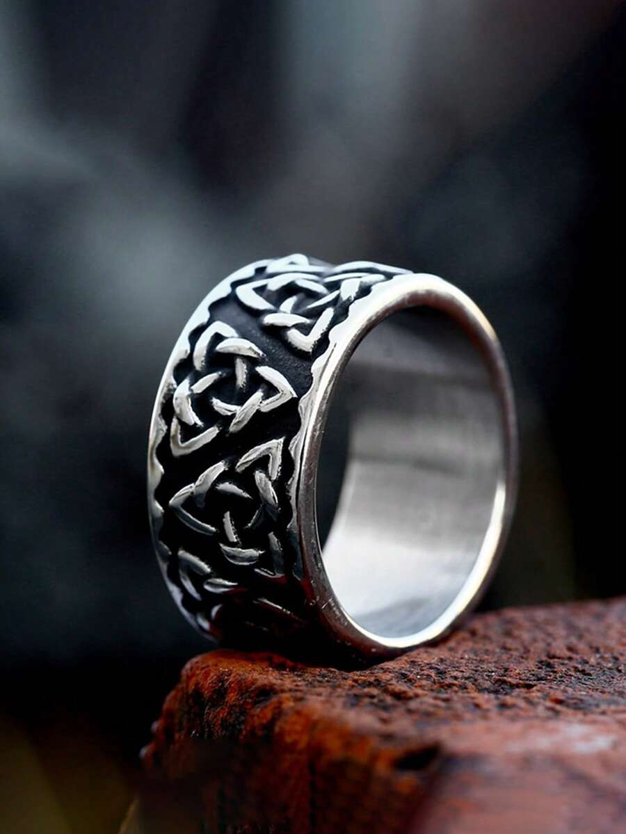 1pc Men's Size Ring, Antique Silver Stainless Steel Personalized Retro Geometric Line Pattern Size Ring, Daily Wear Street Hip Hop - Antique Silver - View 1