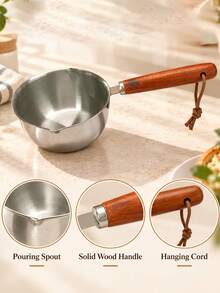 Multifunctional Stainless Steel Cooking Pot With Heat-Resistant Wooden Handle, For Hot Oil, Hot Milk, Sauce Preparation, Boiling Eggs, Home Kitchen Gadget - View 3