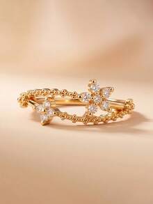 Gift Box Elegant Floral Cubic Zirconia Ring Sweet Fashion Jewelry Non-Fading Hypoallergenic Suitable For Women's Daily Wear Or Holiday Gift - Gold - View 2