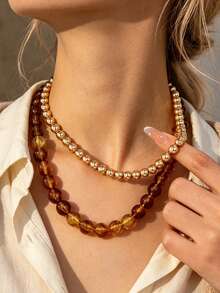 OABE 2pcs/Set Bohemian Style Spherical Round Gold And Brown Handmade Beaded Necklace Layering Design Suitable For Women Daily Wear, Holiday/Anniversary Surprise Gift - Multicolor - View 8
