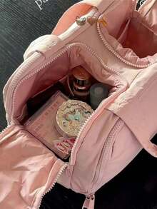 Women's Makeup Bag, Handheld Style, Quilted Nylon, Multi-Zipper, Large Capacity, Portable, For Travel And Home Use (Gift Bag Not Included) - Pink - View 5
