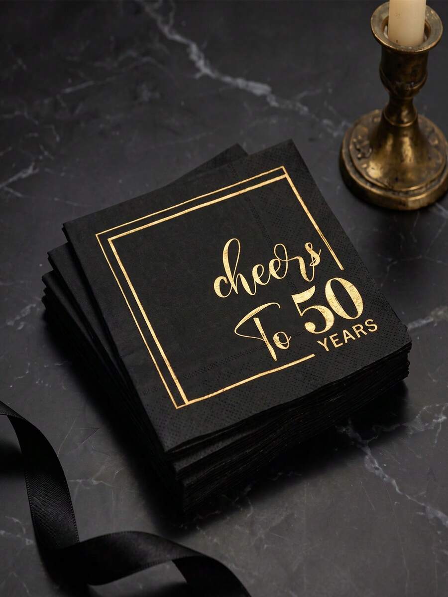 16入中性款50歲生日餐巾紙，50歲生日派對一次性餐具，50歲生日裝飾餐具，50歲生日禮物，生日房間裝飾，週年派對用品，Happy 50th Birthday - 黑金50歲 - 查看 1