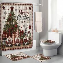 1pc/4pcs Plaid Border Gnome Christmas Tree Pattern Multi-Functional Bathroom Decor Shower Curtain Set Free 12 Hooks Premium Festive Atmosphere Bathroom Mat U-Shaped Floor Mat And Round Toilet Lid Cover Suitable For All Scenes Decoration Bathroom Set - Plaid Border Gnome Christmas Tree - View 9