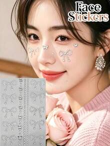 1pc Exquisite Silver Rhinestone Bow Chain Butterfly Face Decoration Sticker, Sparkling Rhinestone Chain Combination Face Sticker, Self-Adhesive No Glue, Wedding Banquet Birthday Photo Shoot Fairy Atmosphere Makeup Decoration Sticker - Multicolor - View 1