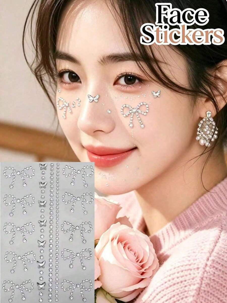1pc Exquisite Silver Rhinestone Bow Chain Butterfly Face Decoration Sticker, Sparkling Rhinestone Chain Combination Face Sticker, Self-Adhesive No Glue, Wedding Banquet Birthday Photo Shoot Fairy Atmosphere Makeup Decoration Sticker - Multicolor - View 1