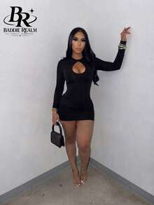 BADDIE REALM Women's Mini Bodycon Dress Keyhole Neckline Sexy Style For Daily Wear, Date Night And Clubbing - Black - View 2