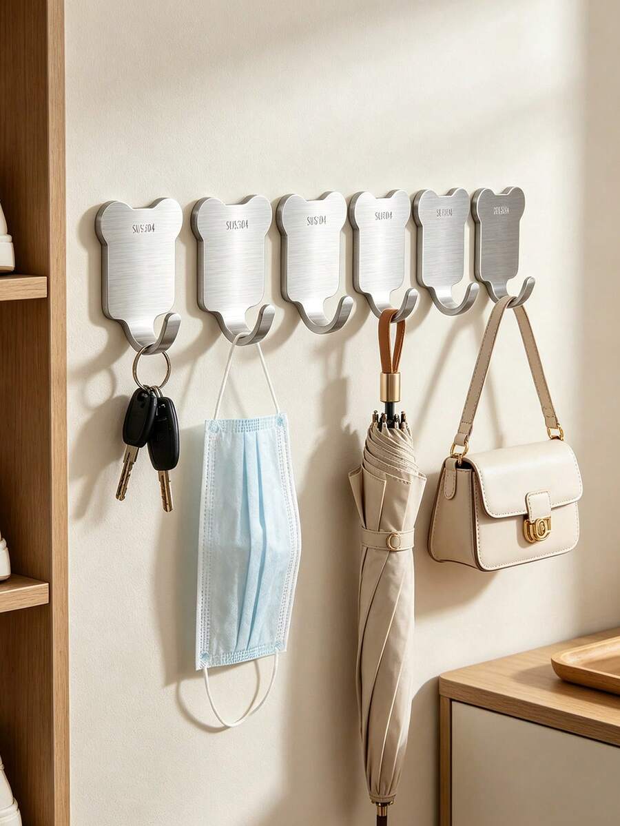 5Pcs User‑Friendly Stainless Steel Adhesive Hooks, Cute Minimalist Style Silver Bear Shape Brushed Finish Self‑Stick Wall Hanger For Entryway Closet Bathroom Key Bag Organizer - Multicolor - View 1