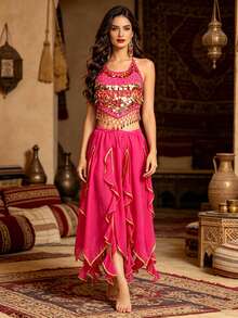 2pcs Belly Dance Performance Costume, Dance Performance Outfit, Top + Belly Band, Chili Pepper Theme Stage Performance Costume, Practice Set, Ruffle Long Skirt, Soft Comfortable Lightweight Chiffon Fabric - Multicolor - View 17