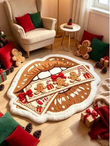 1pc Brown Gingerbread Man Lips Shaped Rug, Christmas, Decorative Rug, Bedroom Decor, Small Rug, Rug, Home Decor, Living Room Rug, Living Room Small Rug, Bedroom Rug, Living Room Home Decor, Outdoor Rug, Washable Rug - Multicolor - View 3