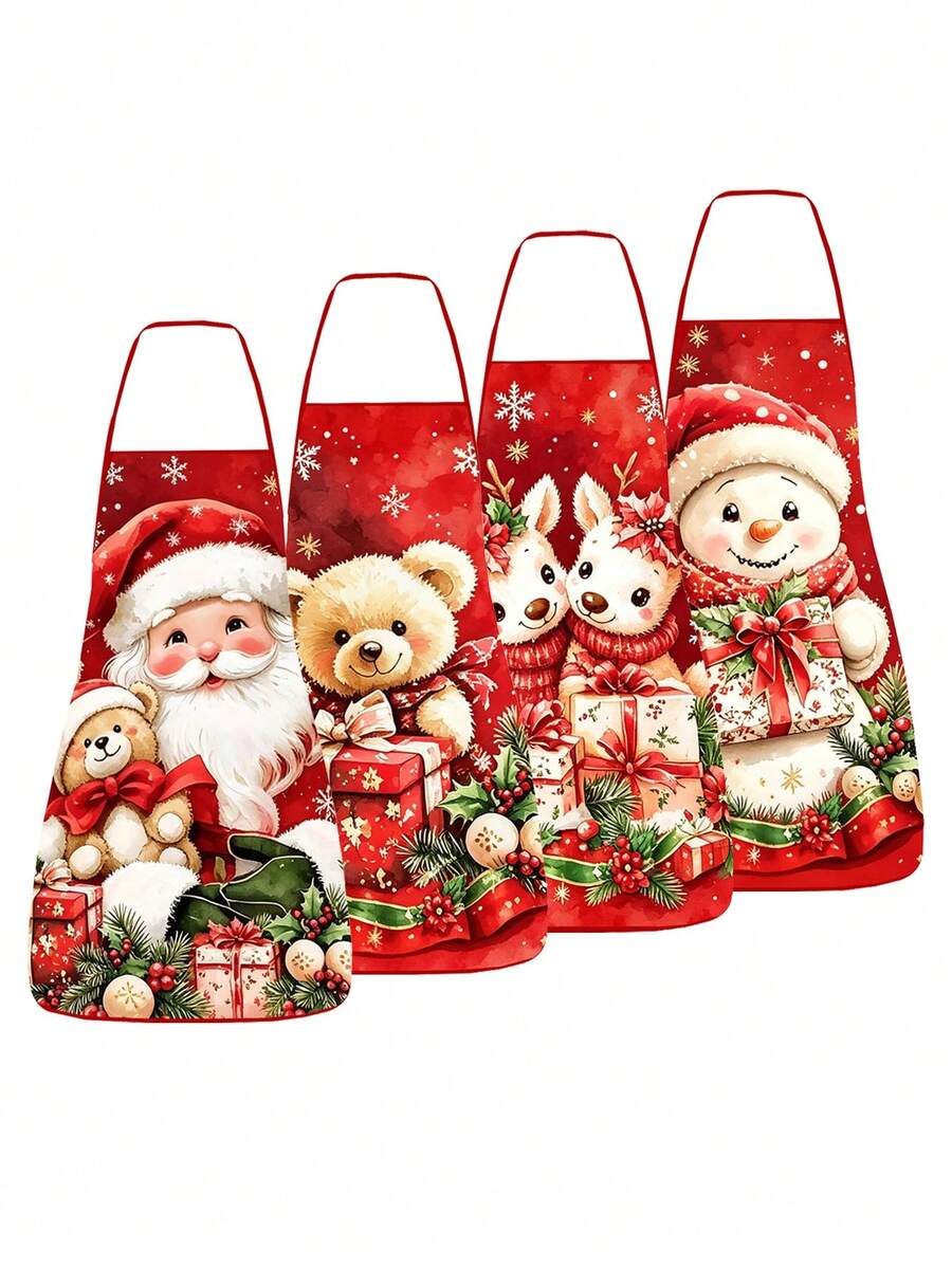 4pcs/1pc Christmas Apron, Unisex, Couple Set, Printed With Santa Claus, Reindeer, Christmas Tree And Snowman Patterns, Christmas Kitchen Cooking Apron, Suitable For Christmas Holiday Party Home Decor - Multicolor - View 1