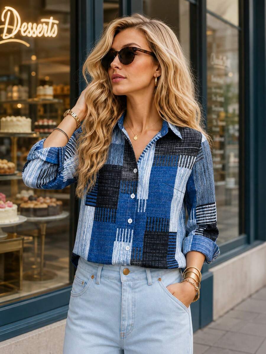 Colorblock Button Print Long Sleeve Casual Retro Shirt, Patterned Plaid Front Button Vacation
