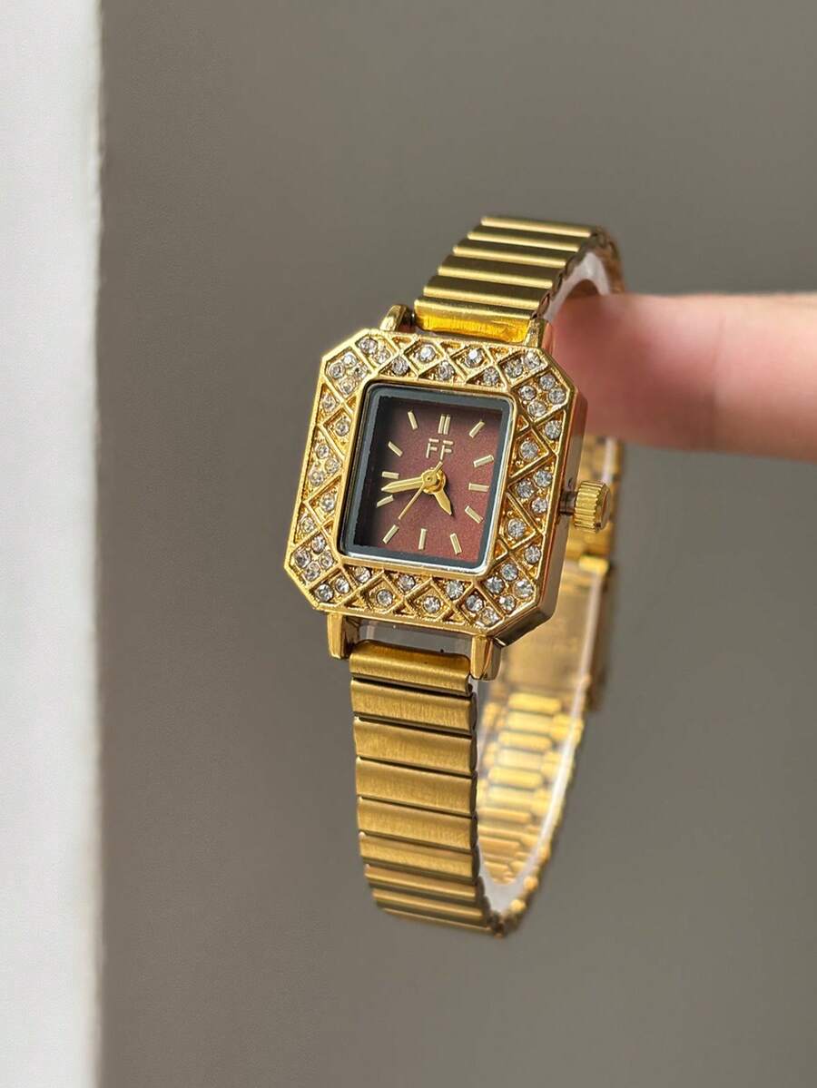 1件時尚咖啡色錶盤金色方形女款石英手錶，鑲鑽錶圈，極簡條形刻度，適合日常佩戴 - 金色 - 查看 1