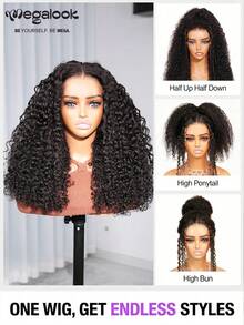 MEGALOOK All In 1 3D Lace Half Wig 180% Density Burmese Curly Natural Color Glueless Drawstring Wig 100% Human Hair Pre-Cut Lace Pre-Bleached Knots Beginner Friendly - SNatural - View 6