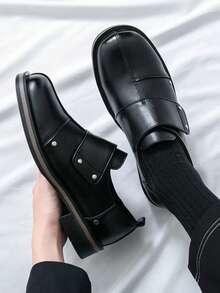 Time Magic Hook & Loop Big Head Height-Increasing Derby Shoes British Slouchy Loafers Slip-On Casual Shoes Niche - Black - View 1