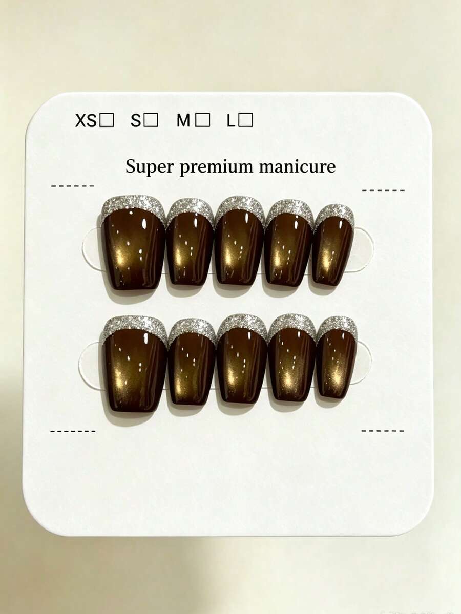 10pcs Pure Handmade Short Square Press On Nails, Vintage Elegant Style, Brown Cat‑Eye Effect & Silver Glitter French Tip Patterns For Women And Girls, Spring Summer Fall Winter Festivals Party And Daily Life Use - Brown - View 1