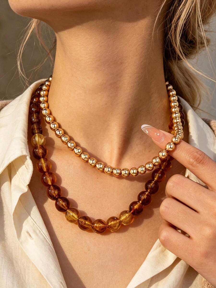 OABE 2pcs/Set Bohemian Style Spherical Round Gold And Brown Handmade Beaded Necklace Layering Design Suitable For Women Daily Wear, Holiday/Anniversary Surprise Gift - Multicolor - View 1