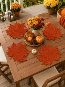 1/4/6PCS Orange Maple Leaf Linen Placemats, Rustic Autumn Leaf Shaped Table Mats, Farmhouse Heat Resistant Dining Place Mats For Thanksgiving Table Decor, Fall Kitchen Dining Room Party And Seasonal Home Decoration - Multicolor - View 7