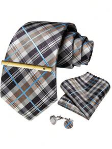 4-Piece Men's Wedding Banquet Tie Set, Brown Grey Blue Plaid Pocket Square, Cufflinks, Gold Tie Clip, Suit Accessory - Brown - View 1