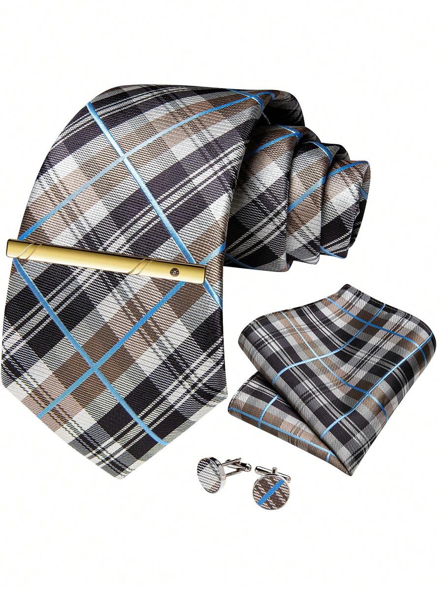 4-Piece Men's Wedding Banquet Tie Set, Brown Grey Blue Plaid Pocket Square, Cufflinks, Gold Tie Clip, Suit Accessory - Brown - View 1