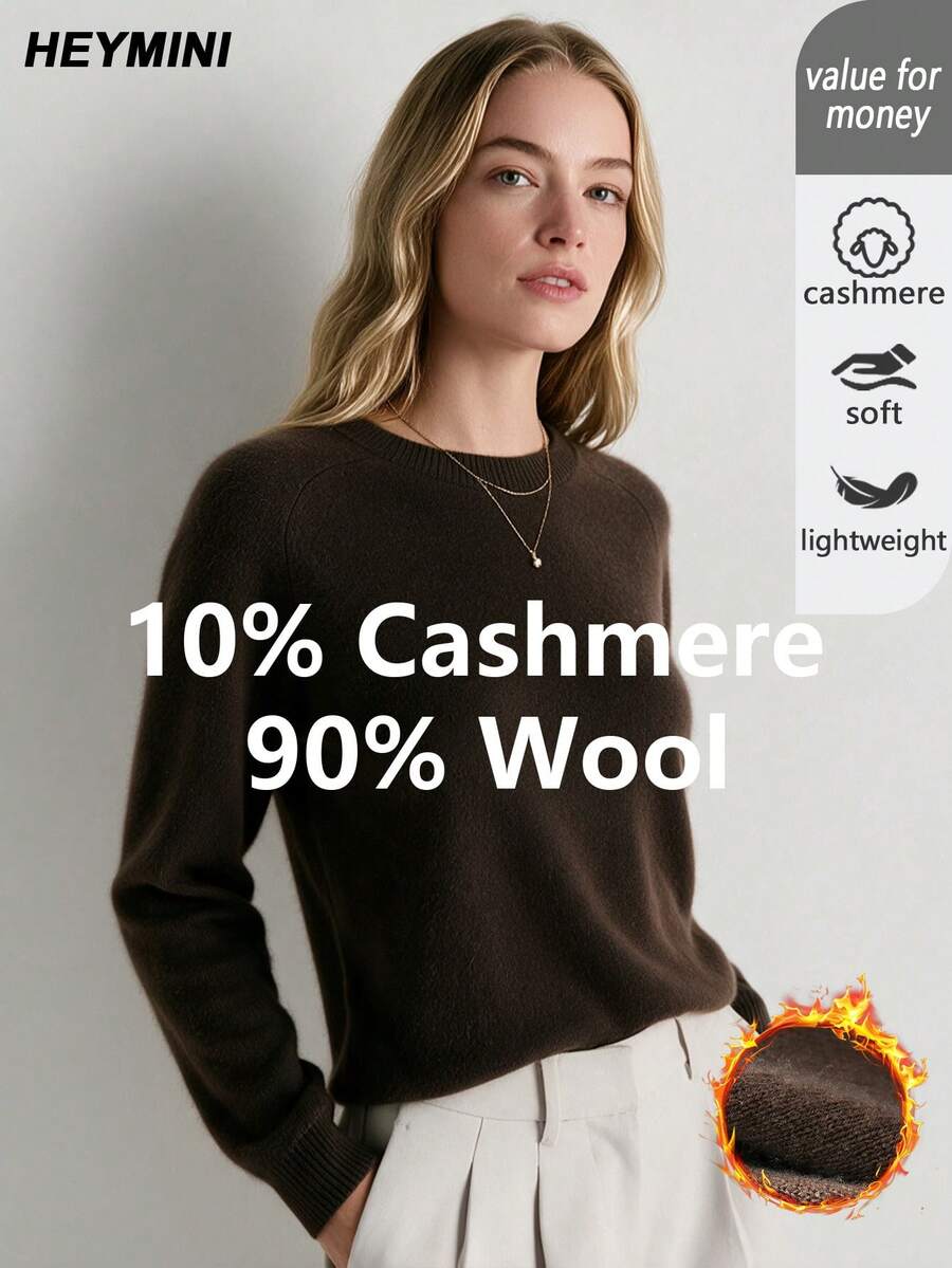 HEYMINI Women's Long Sleeve Basic Crew Neck Wool Sweater, Comfortable Solid Color Knit Pullover, Suitable For Autumn/Winter Wear - Coffee Brown - View 1