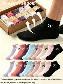 20 Pairs Women's Bowknot Solid Candy Color Boat Socks, Sweet Absorbent Breathable Invisible Socks, Suitable For Daily Wear, Sports, School Style, All Seasons, Random Colors, Optional 1 Pair/10 Pairs/20 Pairs - Multicolor - View 7