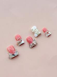 Rhinestone Nail Art, Y2K1 Style Nail Set, Handmade Medium-Long Coffin Shape False Nails, Decorated With Colorful Rhinestones, Bows And Other Exquisite Decorations, Suitable For Women As A Gift, Applicable For Parties Or Daily Wear - Silver - View 3