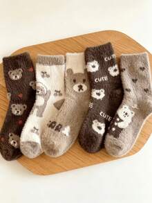 3 Pairs Randomly Shipped Vintage Cartoon Bear Plush Mid-Calf Socks Soft Mink Fur Autumn Winter Home Sleep Floor Socks - Multicolor - View 8