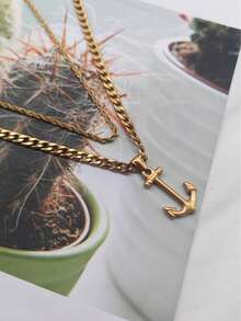 2pcs/Set Vintage Stainless Steel Gold-Plated Twisted Chain & Anchor Necklace, Unisex, Daily Wear, Holiday Wear, Niche Luxury, Fashion Versatile - Yellow Gold - View 5