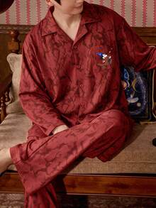 Gongdie Disney 2pcs  Christmas Men's Couple Pajama Set, Autumn Red Soft Pure Cotton Loungewear With Pockets - Red - View 5
