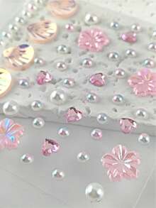 1pc Holographic Iridescent Shell Flower Face Rhinestone Sticker, Pink Heart Rhinestone Pearl Self-Adhesive Face & Body Glitter, Mermaid Makeup Crystal Accessory, Suitable For EDM Festival, Beach Party, Halloween Fairy Costume Makeup - Multicolor - View 7