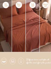 4pcs Solid Rust Red Fitted Sheet Set (1 Fitted Sheet + 1 Flat Sheet + 2 Pillowcases), Simple And Versatile Design Made Of Skin-Friendly Polyester Fabric In Classic Minimalist Style. Perfect For Master Bedrooms, Guest Rooms And Secondary Bedrooms - Multicolor - View 8