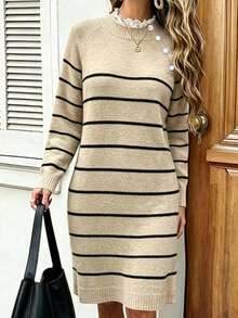 Plus Size Casual Fashion Lace Patchwork Round Neck Button Striped Knit Sweater Dress - Khaki - View 5