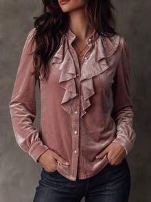 Plus Size Velvet Ruffle Collar Blouse Women Vintage Pearl Button Puff Long Sleeve Autumn/Winter Top - Pink - View 1