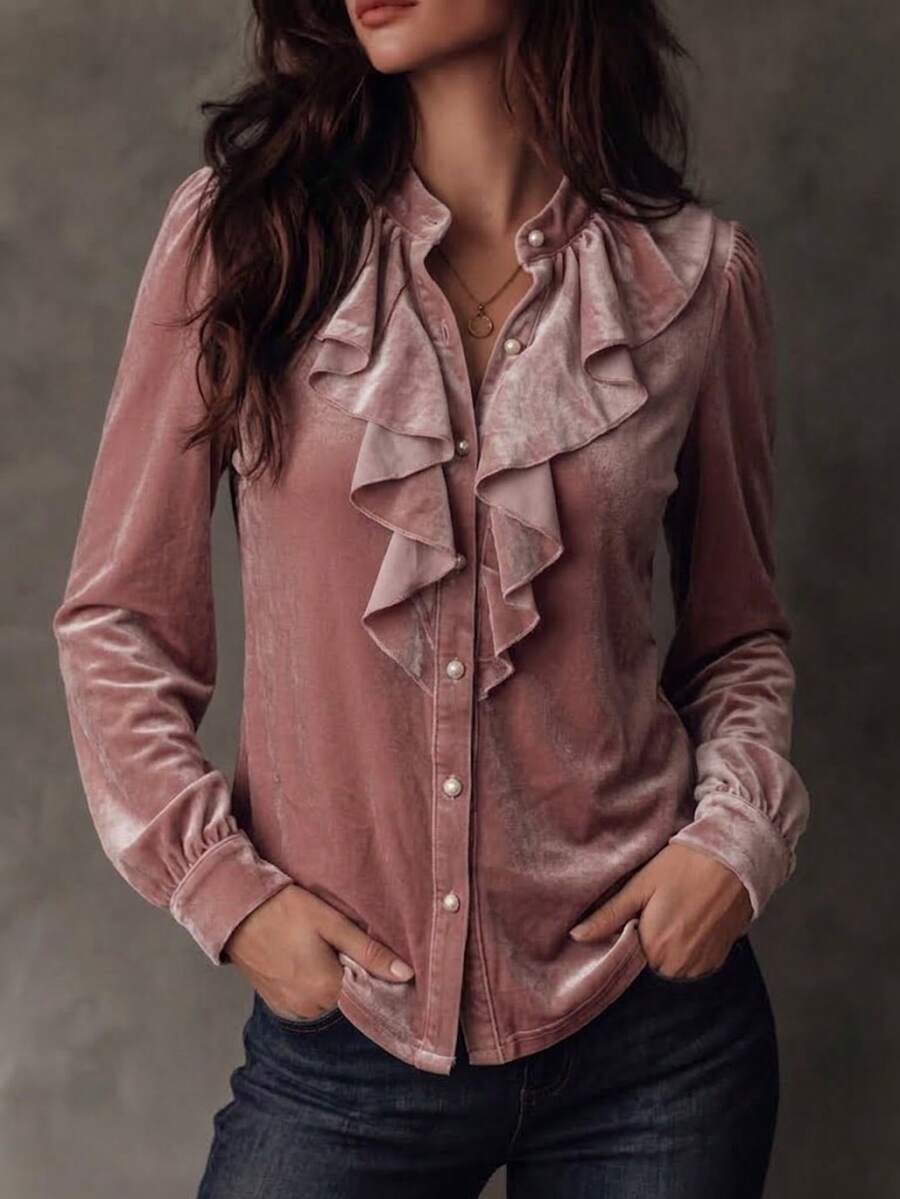Plus Size Velvet Ruffle Collar Blouse Women Vintage Pearl Button Puff Long Sleeve Autumn/Winter Top - Pink - View 1