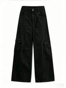 Men's Spring/Autumn Casual Fashion Straight Leg Cargo Pants With Pockets And Buttons, American Vintage Workwear Wide Leg Pants, High Street Style Loose Flap Large Pockets Draped Long Pants - Black - View 3
