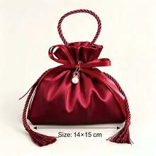 10pcs Burgundy Satin Drawstring Gift Bags, Pearl Tassel Candy Bags, Wedding Party Favor Bags, Bridal Shower Return Gift Storage Bags, Suitable For Jewelry And Small Gifts - A - View 2