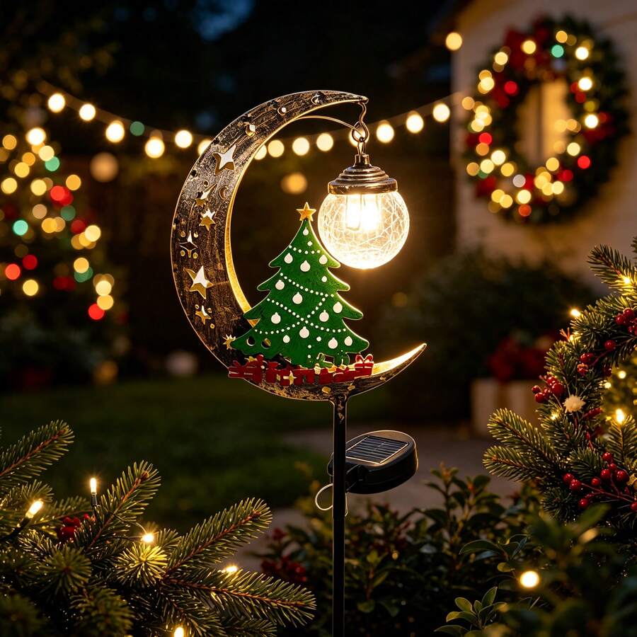 Christmas Moon Shaped Solar Ground Light, Outdoor Waterproof Auto-On Garden Yard Holiday Iron Art Decorative Lawn Light - Christmas Tree Letter Cake Topper - View 1