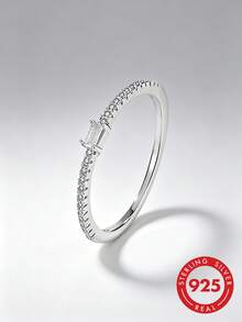 HuooNew 1pc 925 Sterling Silver Rectangular Zirconia Thin Band Ring, Fully Pave Set With Tiny Zirconia, Minimalist Luxury Women's Stacking Ring Accessory - Silver - View 1