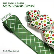 2 Rolls Christmas Wired Ribbon Set - 5cm Width, Red & Green Polka Dot And Green Argyle Print Satin Ribbon, Suitable For Christmas Tree Decoration, Wreath Bow Making, DIY Handmade Gift Wrapping Ribbon - Green + Polka Dot - View 2