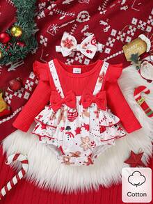 Baby Girl Christmas Santa Claus Snowman Cartoon Pattern Round Neck Long Sleeve 2 In 1 Suspender Bodysuit And Headband - Red - View 2