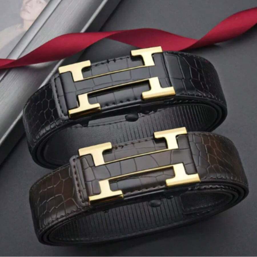 1PC Men's Automatic Buckle Belt, Crocodile Pattern Casual Belt, PU Leather Automatic Buckle Belt, Plastic Buckle With PU Leather Strap, Lightweight And Portable, Suitable For All Seasons - Multicolor - View 1