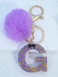 Minimalist Cute Initial Keychain A-Z Women's Bag Charm Black Bow Purple Pom Pom Key Chain Daily Wear Gift Accessory - Purple - View 15