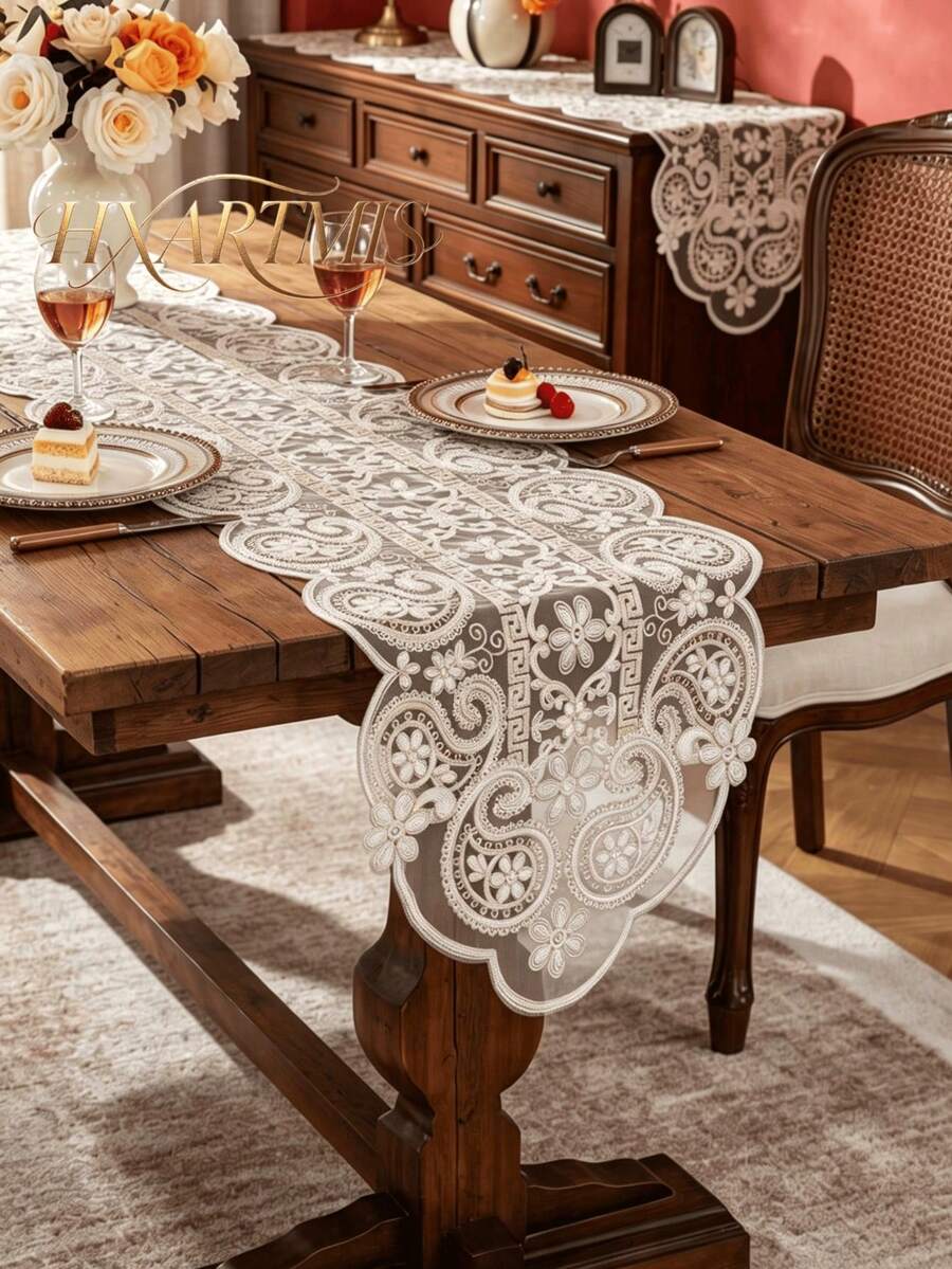 HXARTMIS 1PC Transparent Sheer Lace Table Runner, Paisley Floral Embroidered Hollow Out Tablecloth, Elegant Vintage Tabletop Decor, Suitable For Home Decoration, Theme Holiday Decoration - White - View 1