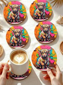 6/1pc Round Wooden Highland Cow Graffiti Print Coaster, Heat-Resistant Coffee Cup Insulation Pad, Colorful Street Art Animal Desktop Decor, Home Kitchen Supplies, Birthday Holiday Party Favor, Gift For Cow Lovers Boyfriend/Girlfriend - Multicolor - View 4