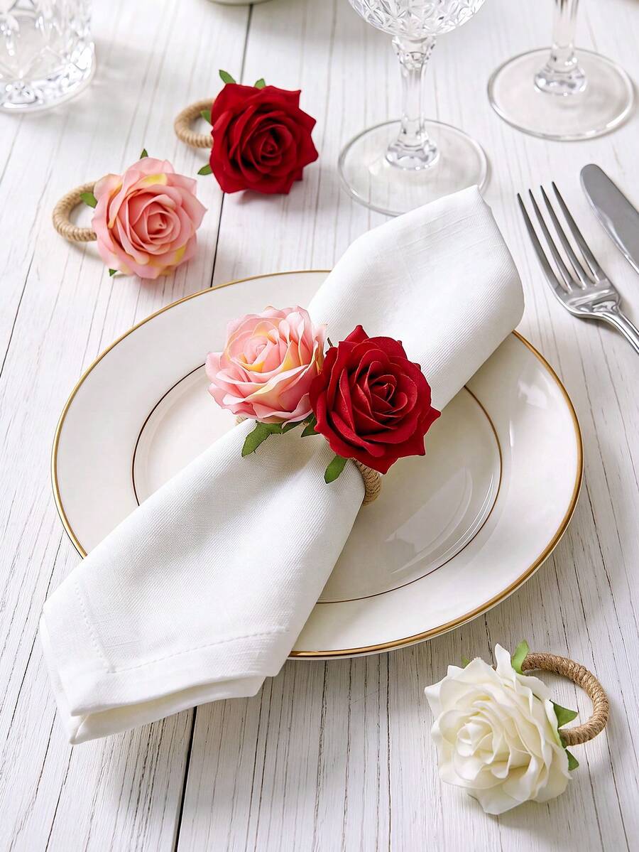 1-12pcs Handmade Lifelike Rose Napkin Rings, Suitable For Valentine's Day, Wedding, Banquet, Party, Thanksgiving, Christmas, Daily Use - Multicolor - View 1